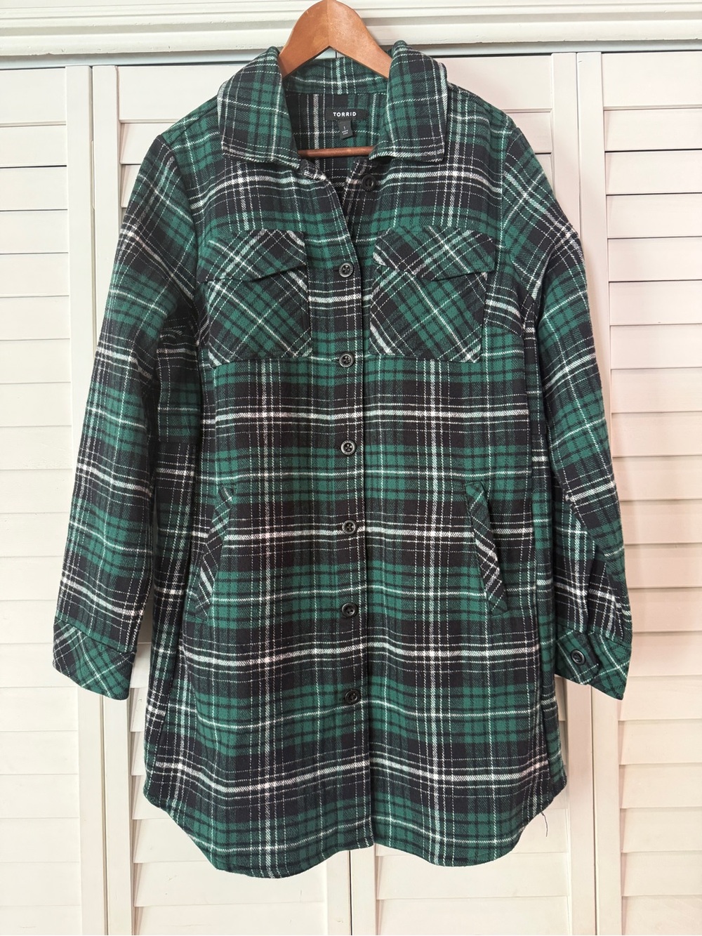 Torrid Cotton Brushed Midi Shacket Green Black Plaid - Size 1 (1X)